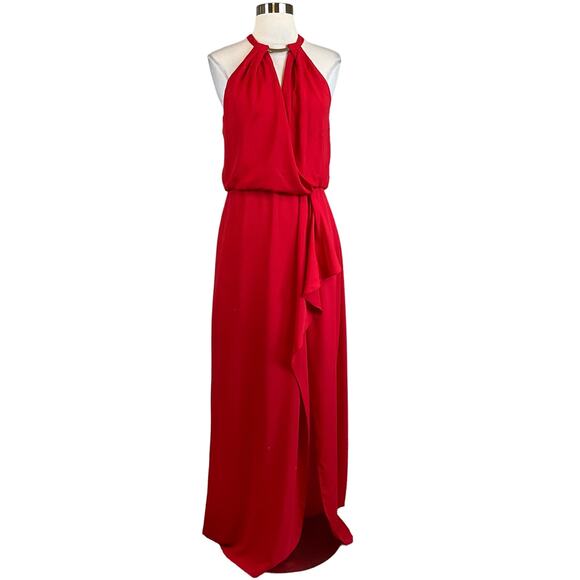Xscape Red Chiffon Evening Gown Size 8 Cut Out Thigh Slit Ruffled Formal Dress - Picture 1 of 13